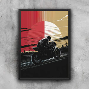 "Sunset Rider" Dynamic Motorcycle Art Print | A3 Frame
